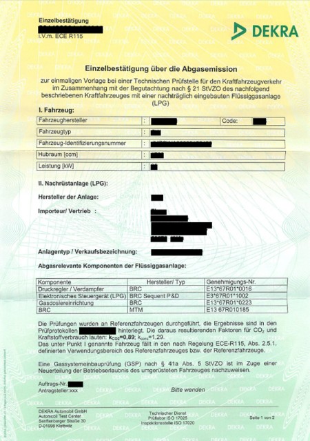 LANDI RENZO Einzel-Abgas-Bestätigung / R115 - Fremdgutachten