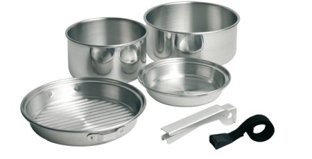 CAMPINGAZ Set de vaisselle de trekking 5 pièces en aluminium, inoxydable, comprenant : 2 casseroles, 1 poêle, 1 couvercle, 1 poignée, 1 sangle de transport
