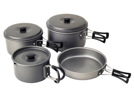 CAMPINGAZ Set de vaisselle de trekking 8 pièces en aluminium anodisé, inoxydable : 3 casseroles, 3 couvercles, 1 poêle, sac de transport