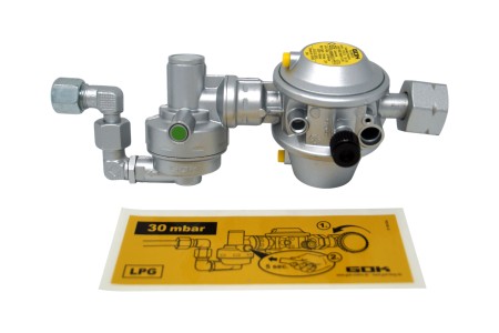 GOK Gasdruckregler Caramatic DriveOne CS 30 mbar 1,5 kg/h - 90° Einbauposition -Komb. A -> Rohrverschraubung 10mm